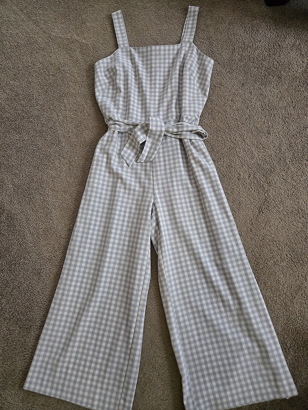 Ann Taylor Lt Gray White Gingham Belted Wide-Leg Ankle Jumpsuit Summer Vacation